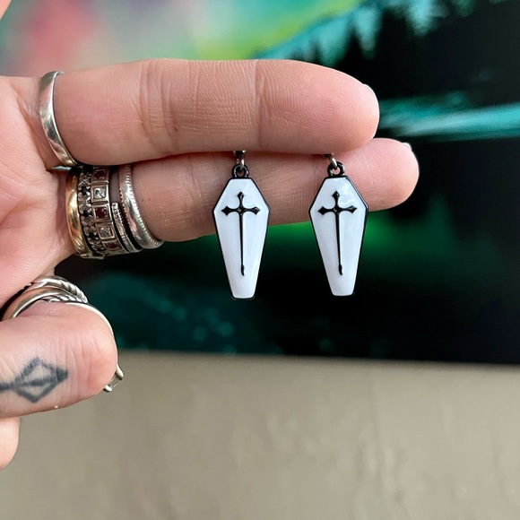 Set ! White & black crosses Lariat Y shape coffin necklace + matching earrings - Picture 11 of 15